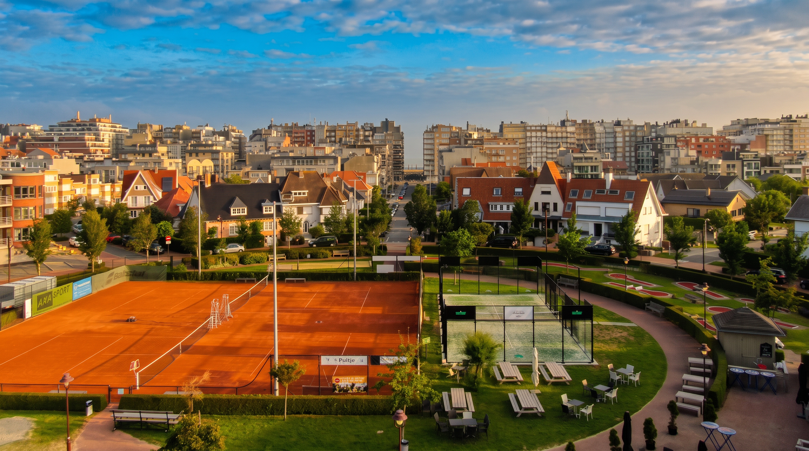 Luchtfoto van de gravel- en padelbanen van T.C. Parc Astrid